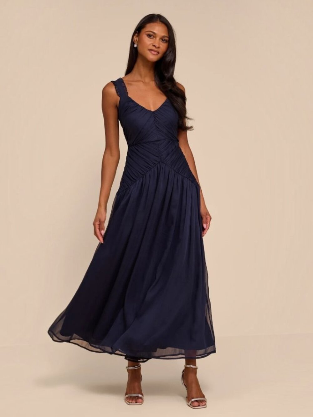 Lulus Laufey Navy Blue Pleated Drop Waist Midi Dress NWT - Picture 1 of 10